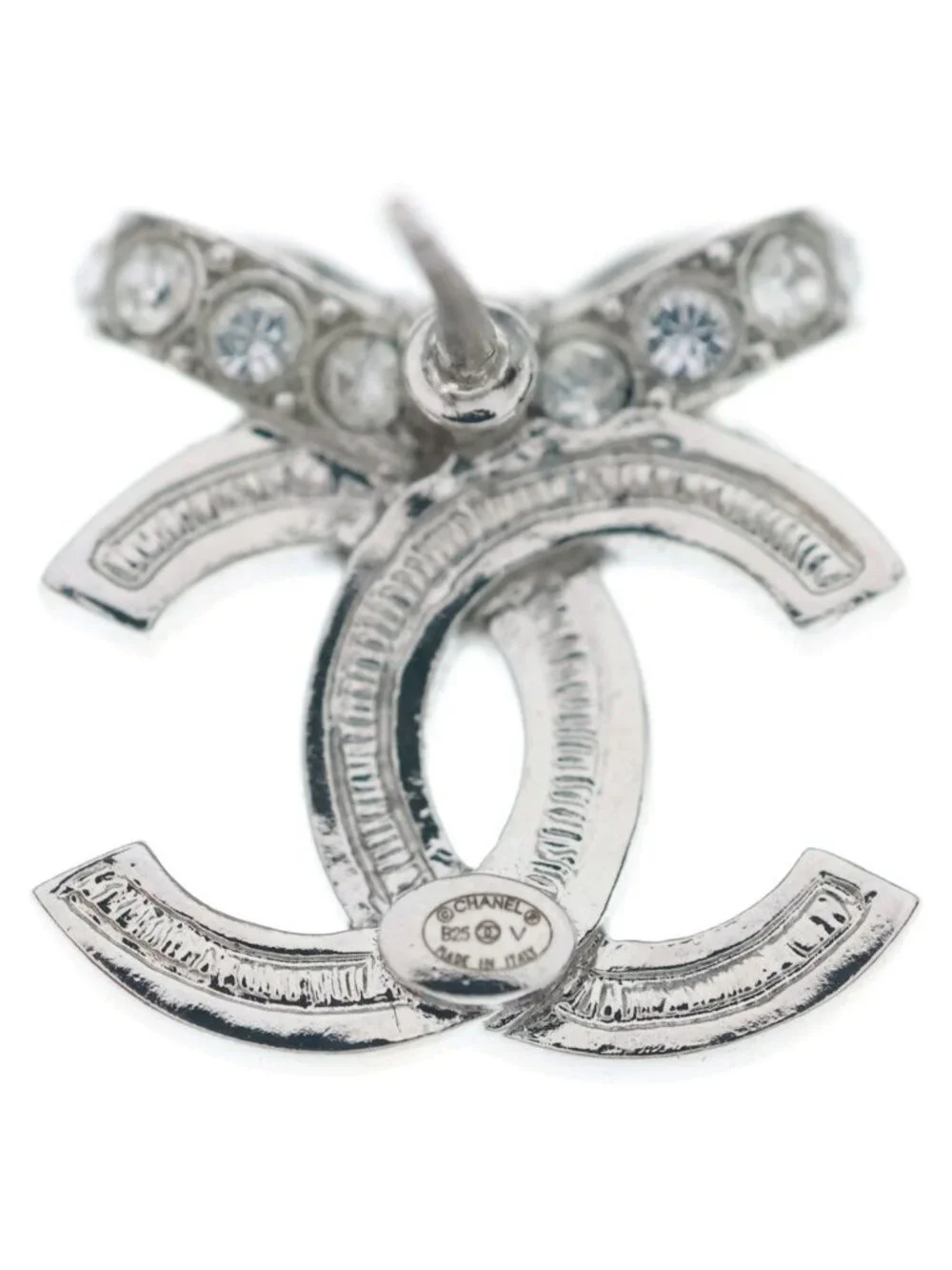 Chanel Rhinestone CC Logo Ribbon Earrings Silver